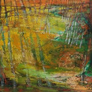Anna Badar Rape Fields with Birches mixed media on canvasedited 1