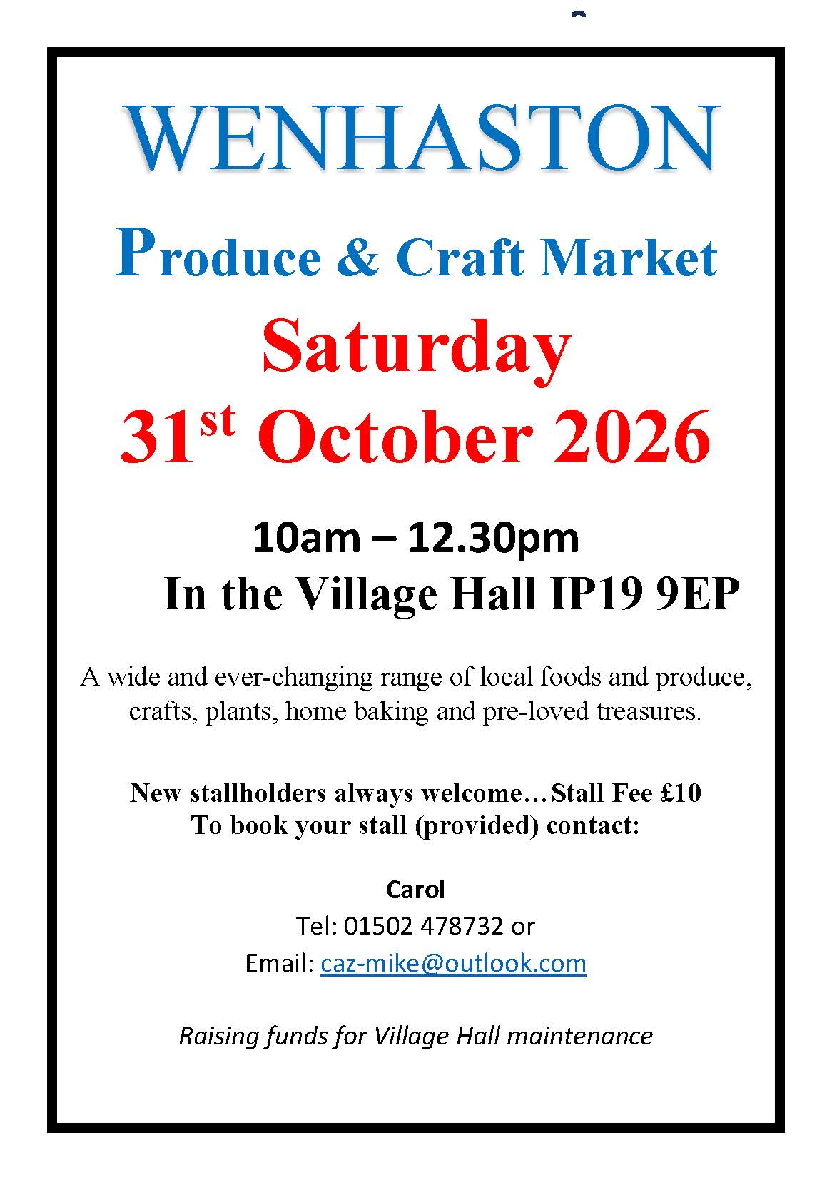 Wenhaston Produce, Craft and Flea Market - Saturday 31st October